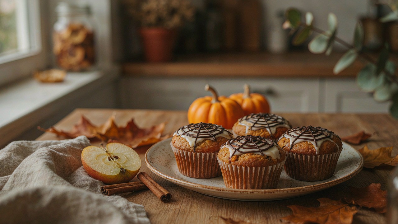 Halloween muffin recept – puha sütőtökös-almás süti csokoládés pókhálóval